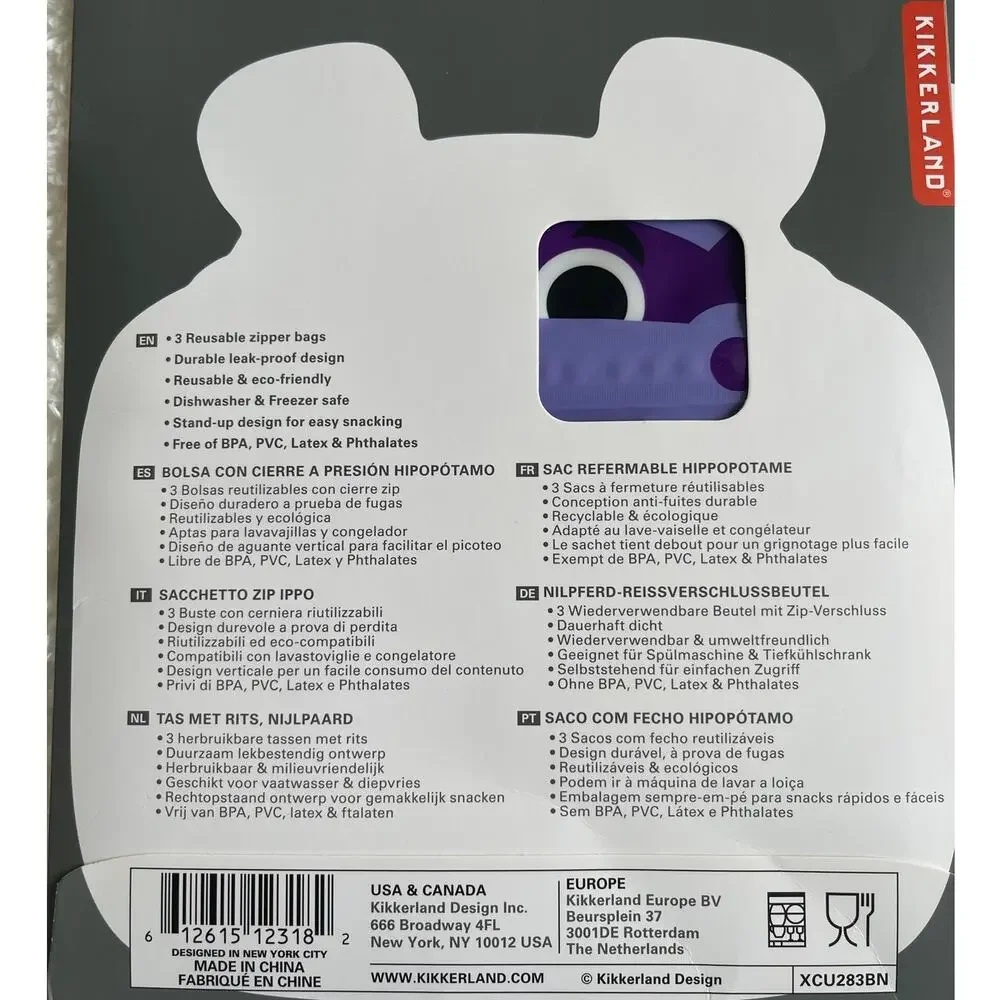 Hippo Zipper Snack Bags Reusable Medium Food Storage NEW Set of 2 Kikkerland